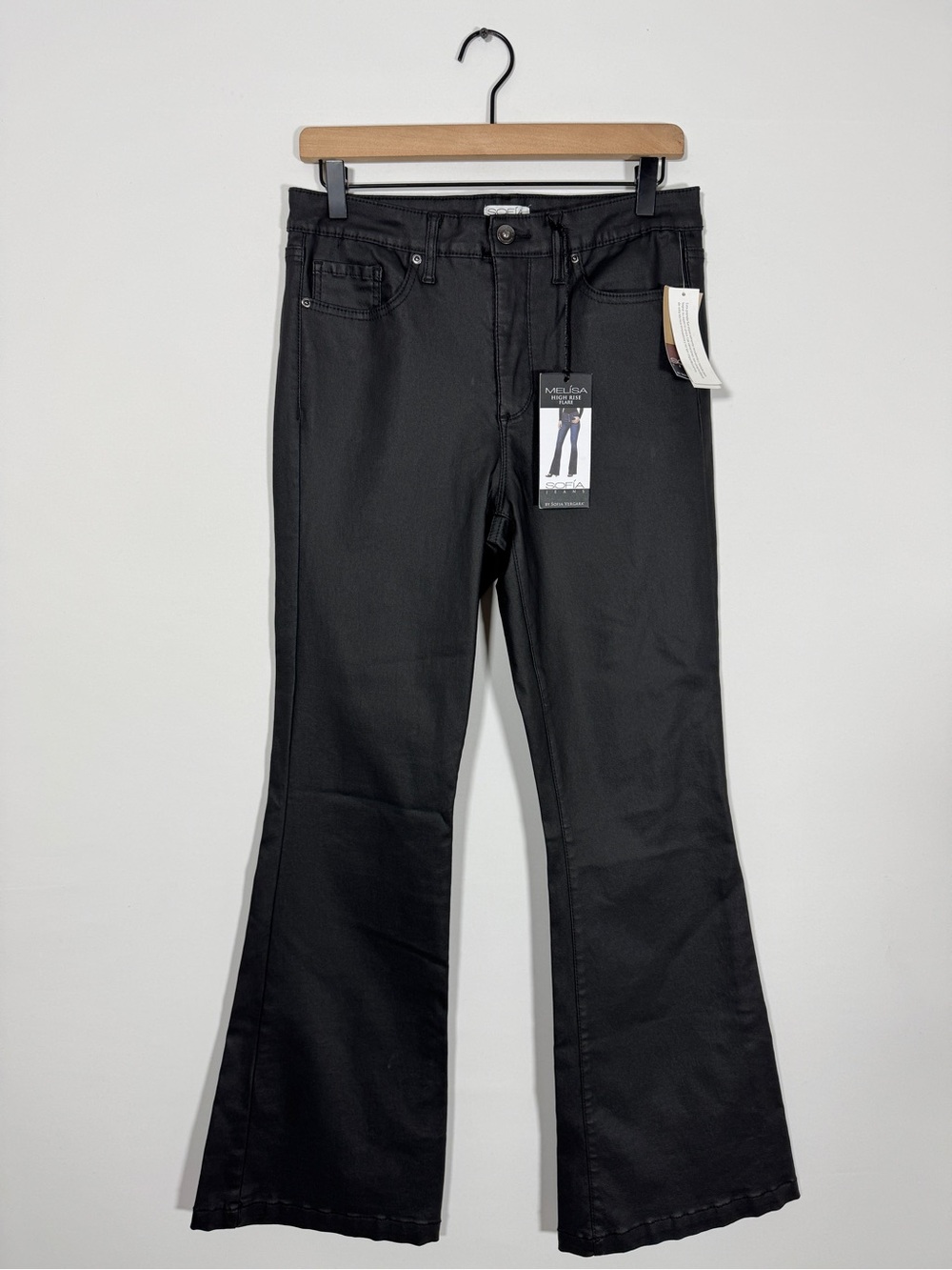 WJ482 {Sofia Vergara} "Melisa Flare" Black Coated High Rise Denim Jeans